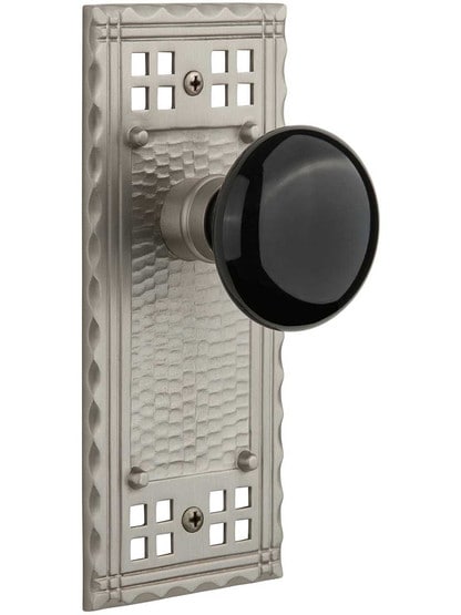 Pasadena Door Set with Black Porcelain Knobs in Satin Nickel.